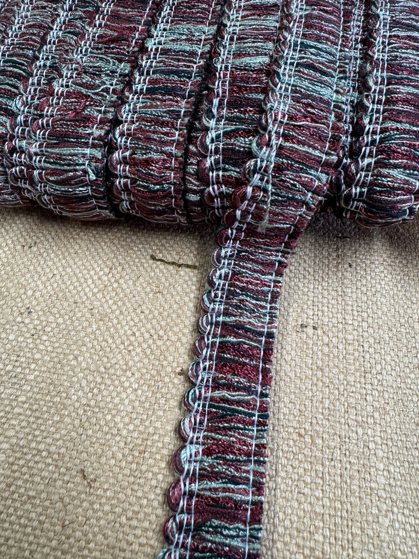 Upholstery Brush Fringe/ Ruche Trim - Burgundy/Green Mix