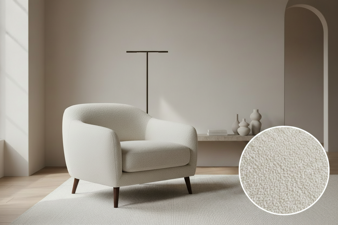Bouclé upholstery fabric used on a modern armchair