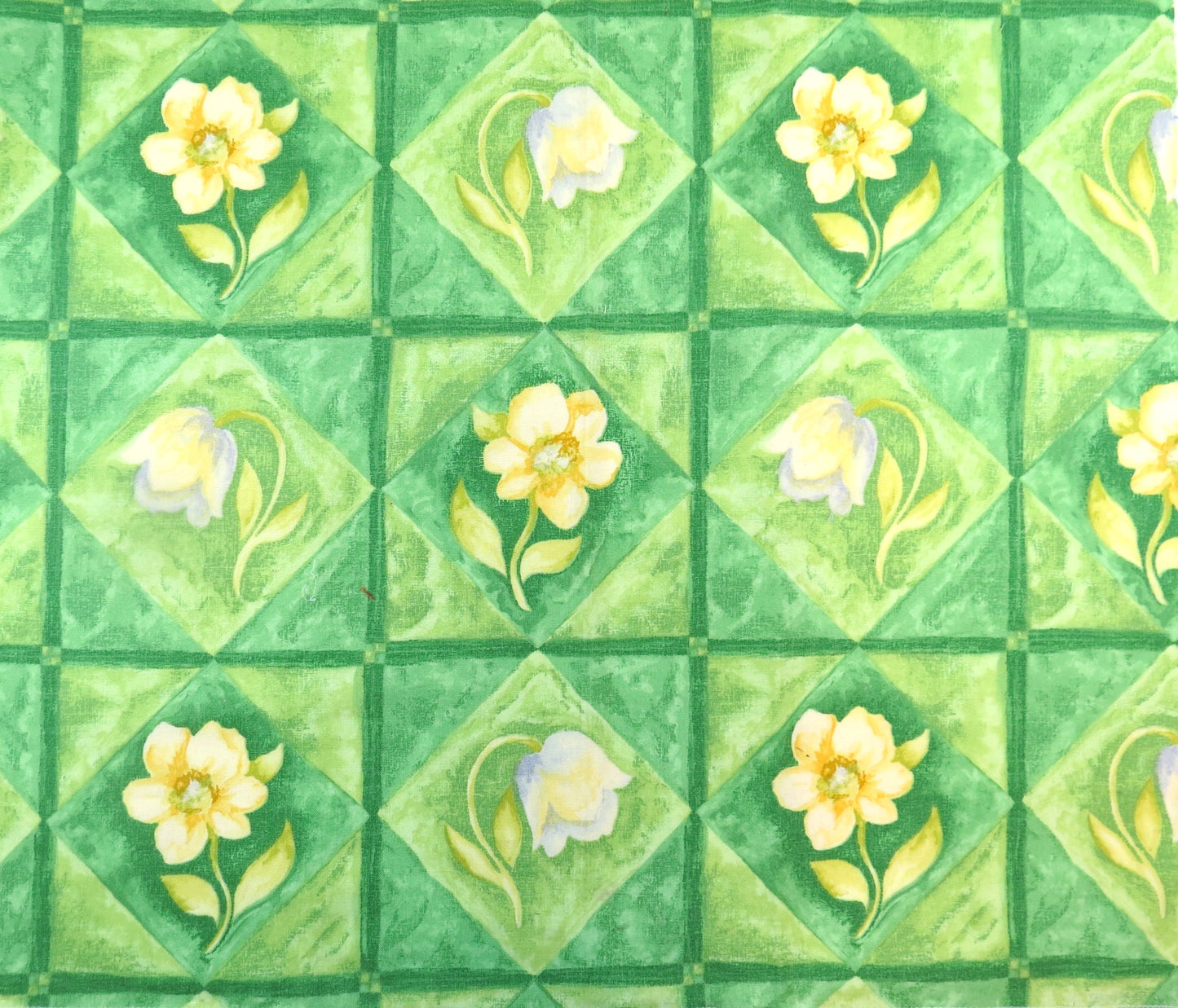 Cotton Printed Trellis Design Fabric - Green / Yellow - Soft Options upholstery trim