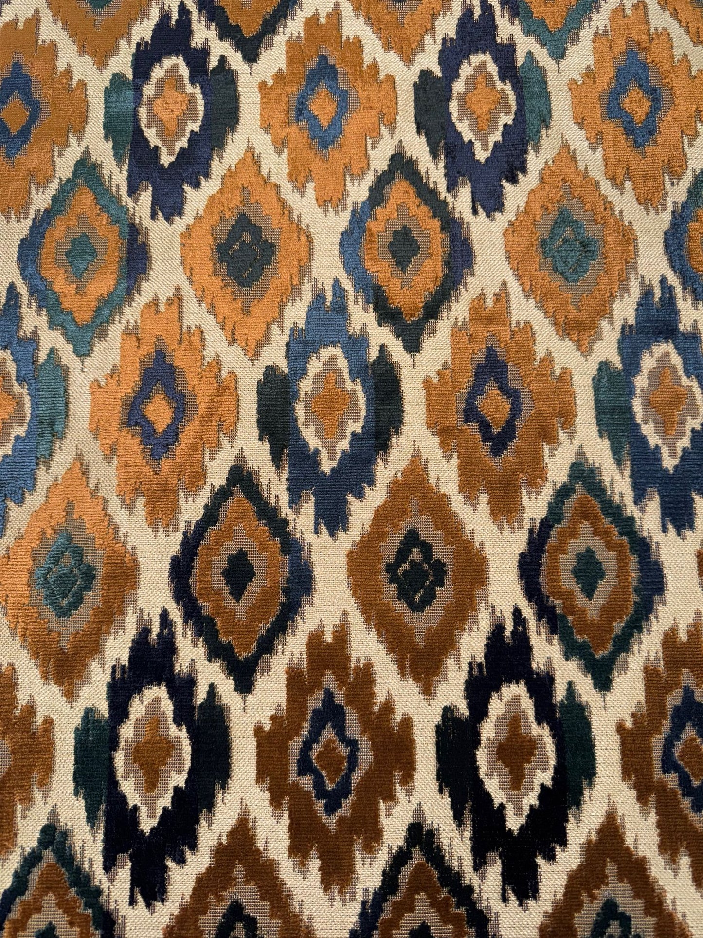 Zenith Diamond Sculptured Blue & Mustard Mix Velvet Upholstery Fabric - Soft Options upholstery trim
