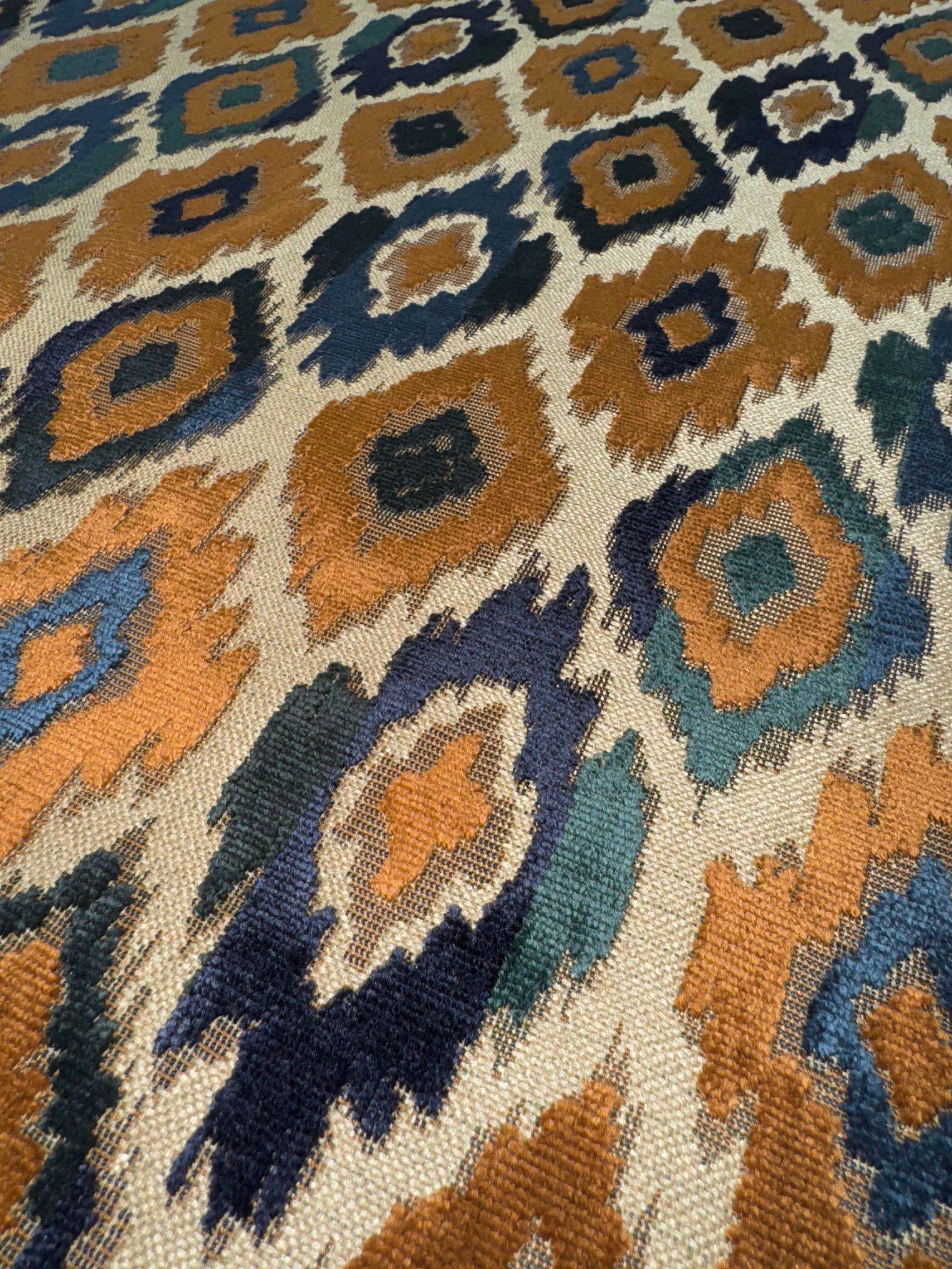 Zenith Diamond Sculptured Blue & Mustard Mix Velvet Upholstery Fabric