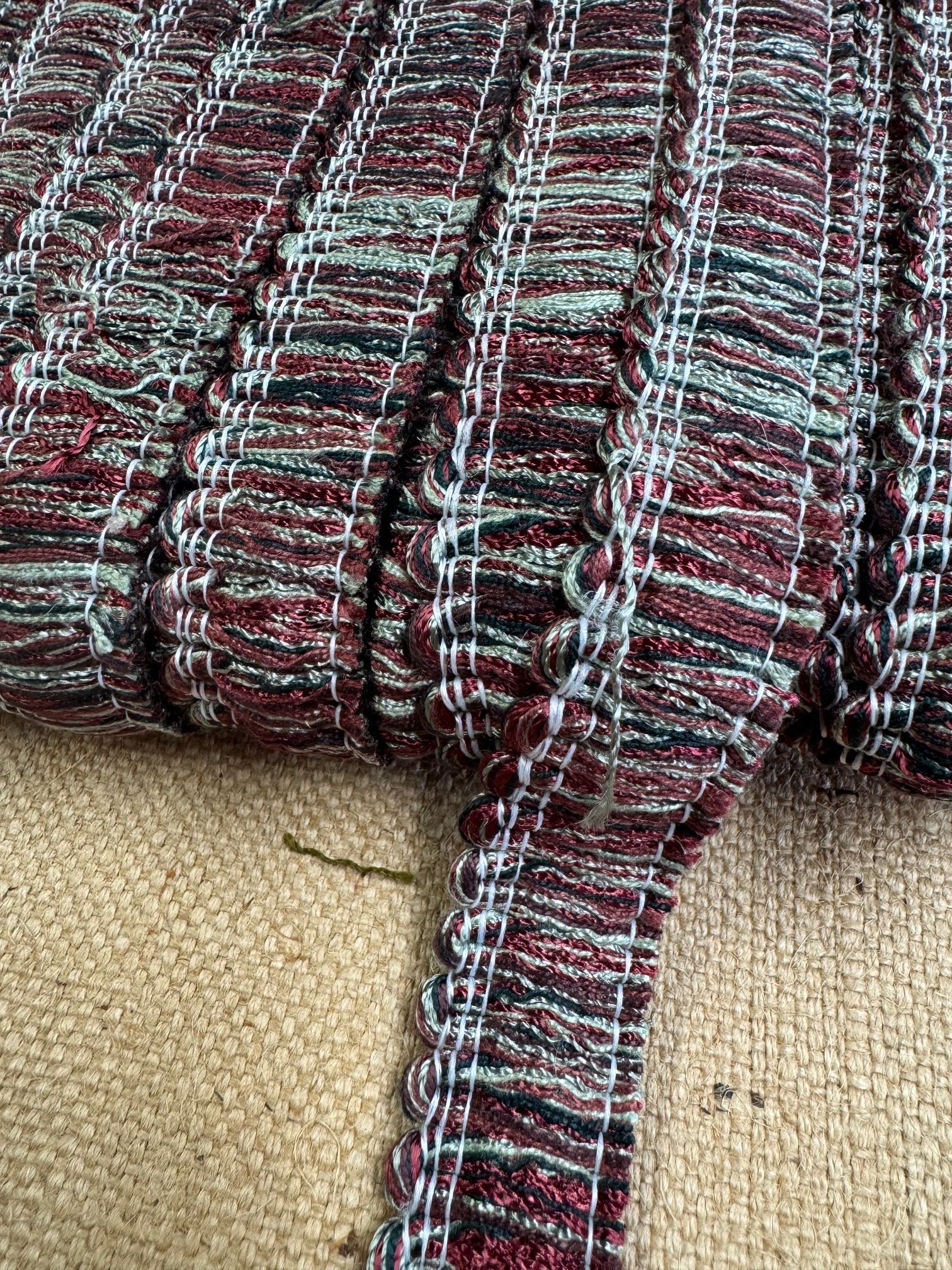 Upholstery Brush Fringe/ Ruche Trim - Burgundy/Green Mix - Soft Options upholstery trim Soft Options Fabric Supplies
