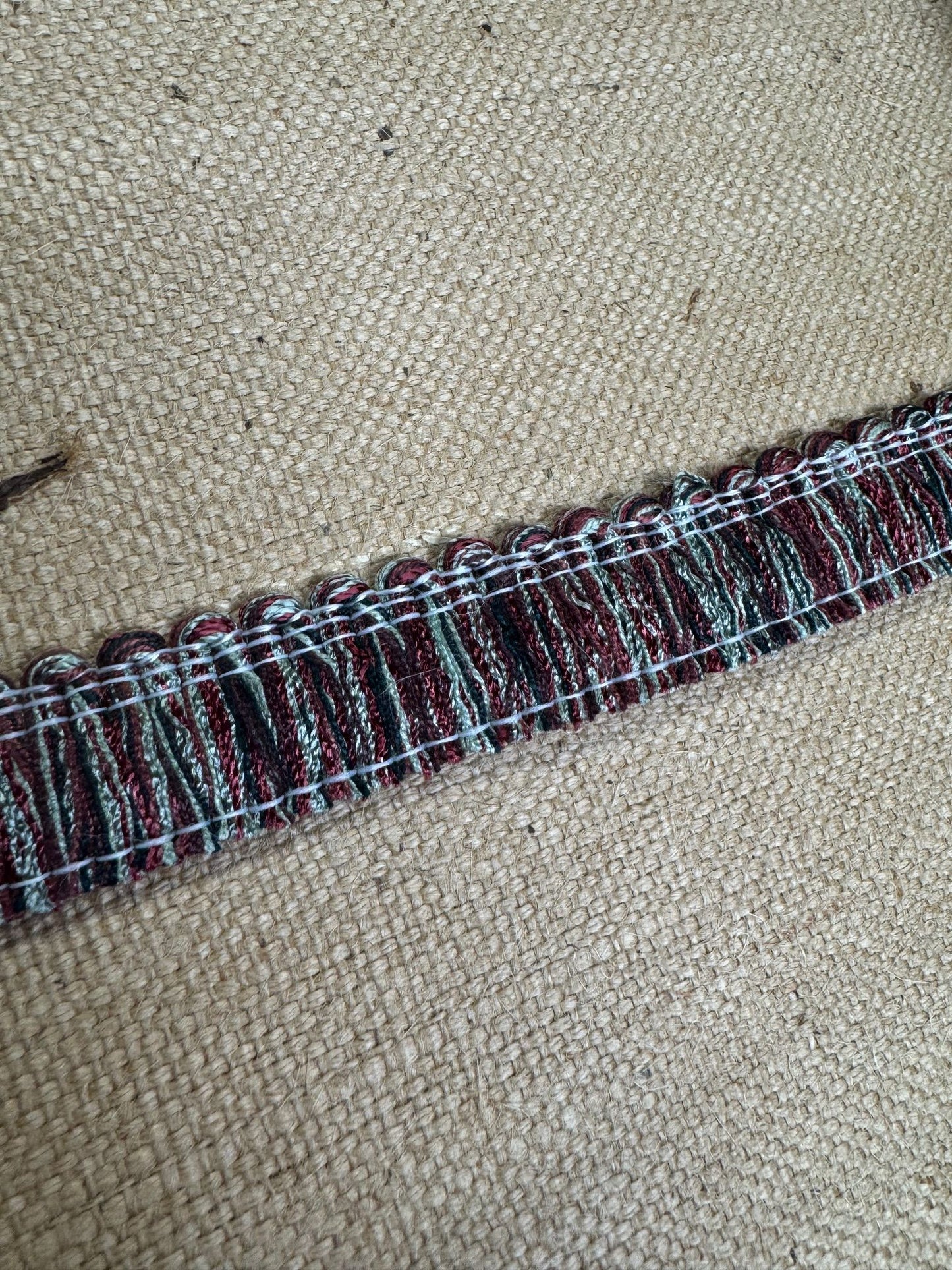 Upholstery Brush Fringe/ Ruche Trim - Burgundy/Green Mix