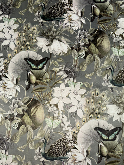 Eden Tranquility Silver Peacock/Butterfly Printed Velvet Upholstery Fabric - Soft Options upholstery trim