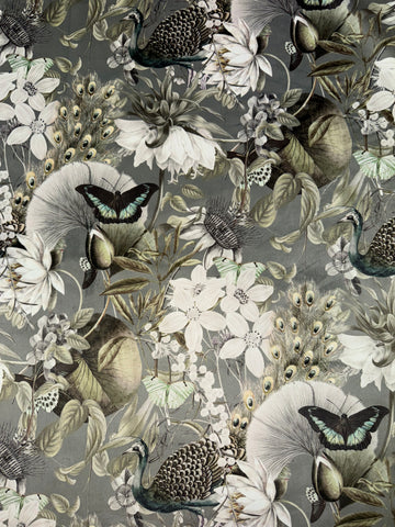 Eden Tranquility Silver Peacock/Butterfly Printed Velvet Upholstery Fabric - Soft Options upholstery trim