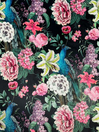 Eden Ebony Peacock Blossom Printed Velvet Upholstery Fabric - Soft Options upholstery trim