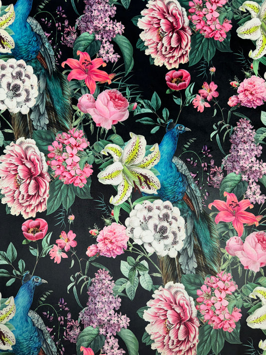 Eden Ebony Peacock Blossom Printed Velvet Upholstery Fabric - Soft Options upholstery trim