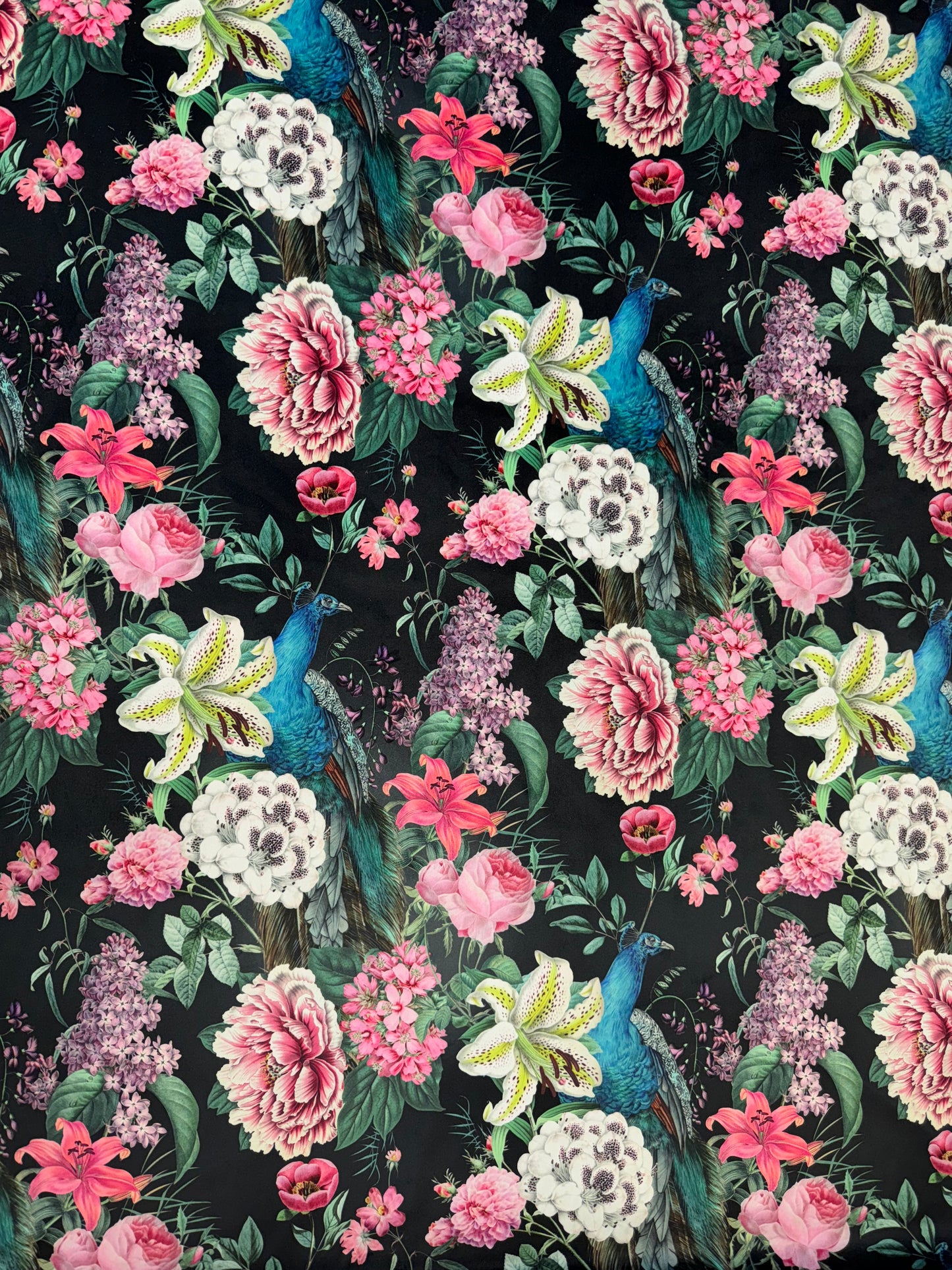 Eden Ebony Peacock Blossom Printed Velvet Upholstery Fabric
