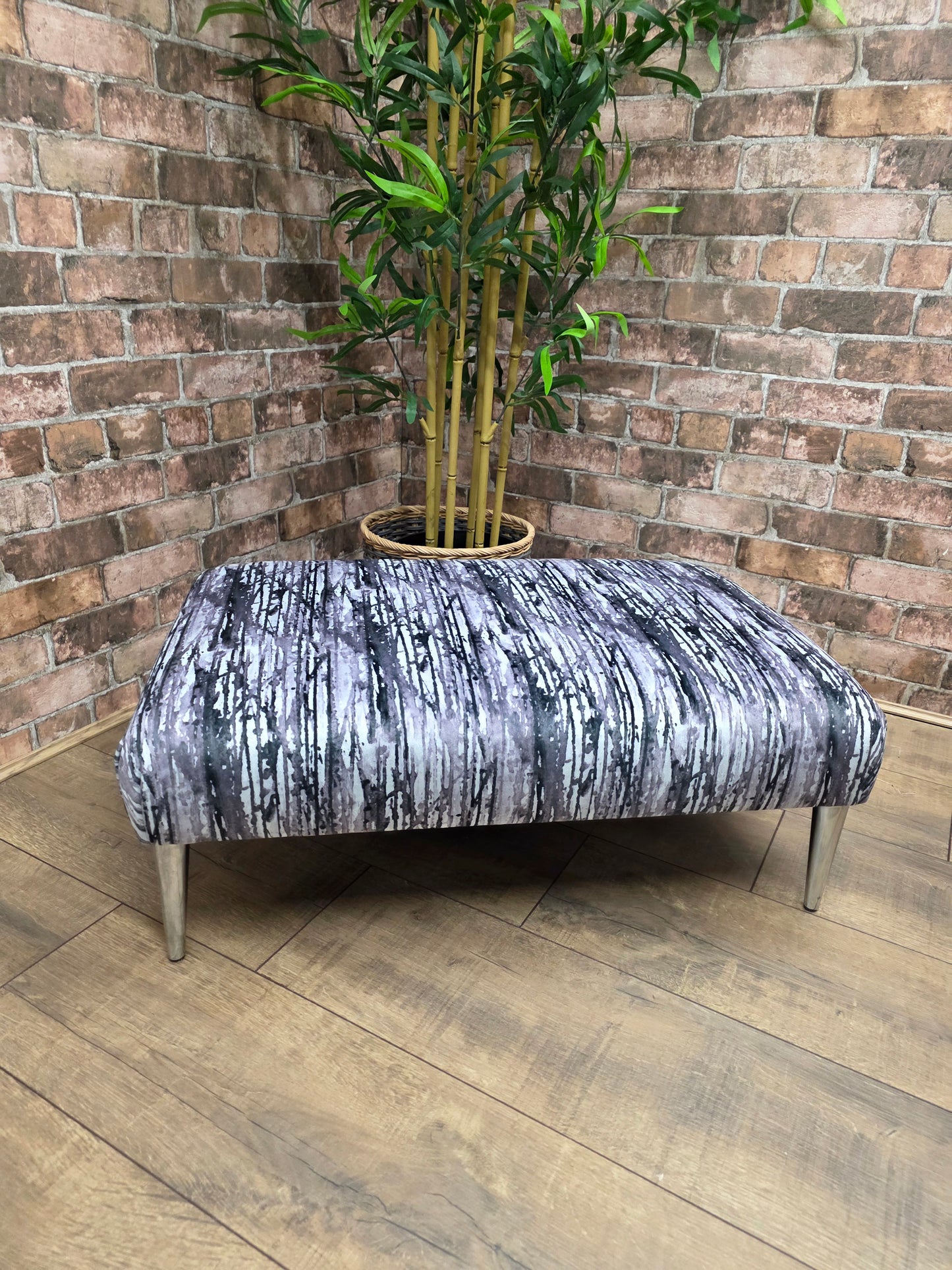 Contempory Footstool with Chrome Legs Printed Velvet - Soft Options upholstery trim