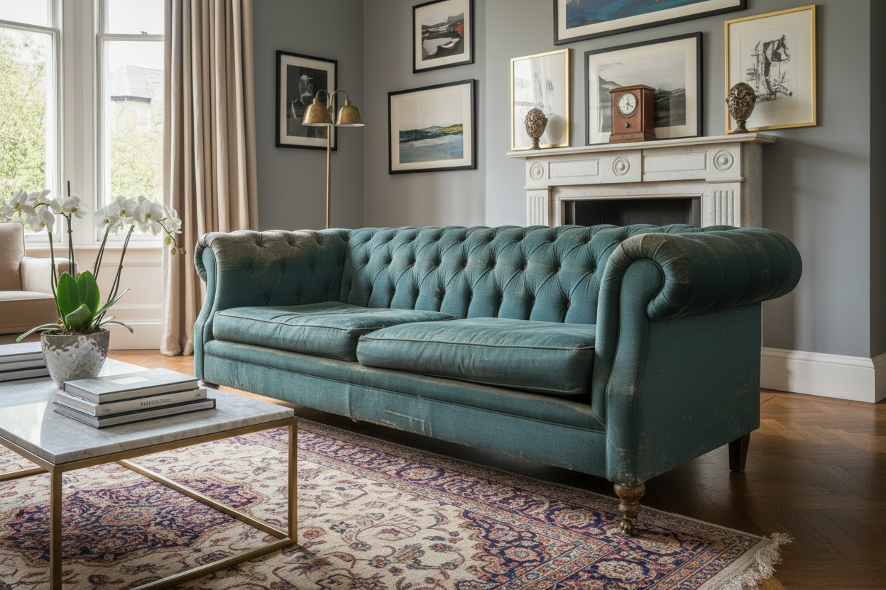 Worn-out Chesterfield sofa matching setting